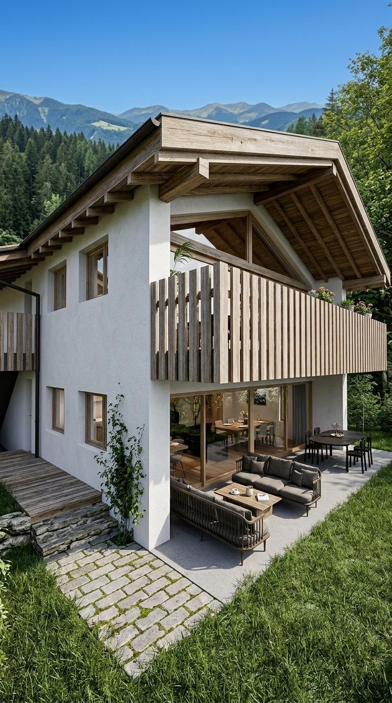 Façade d'une villa avec terrasse couverte et balcon en bois