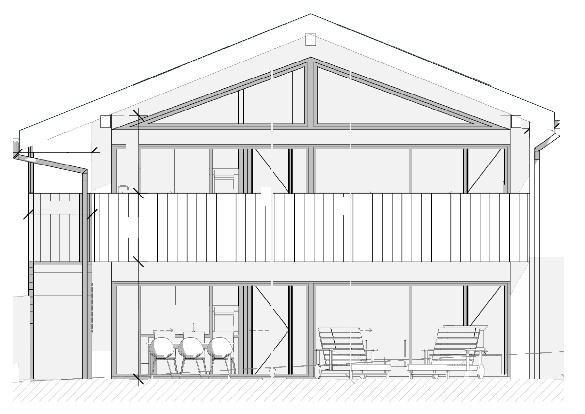 Coupe architecturale d'une villa montrant le sous-sol, le rez-de-chaussée et l'étage