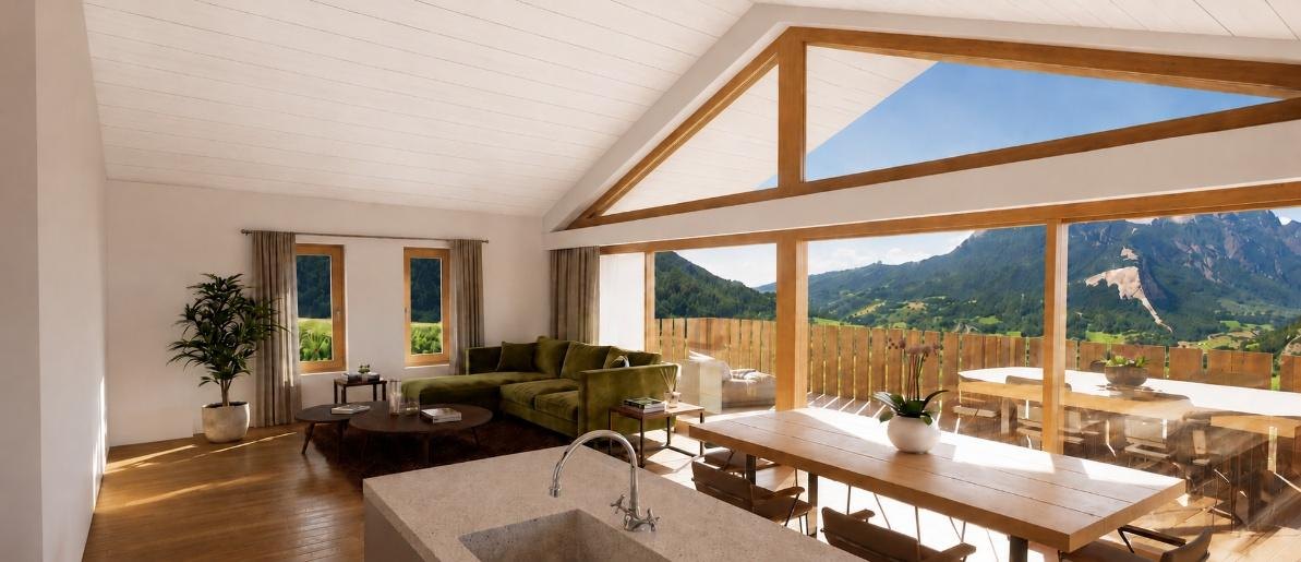 Vue panoramique du séjour d'un appartement à l'étage avec cuisine ouverte et grande baie vitrée