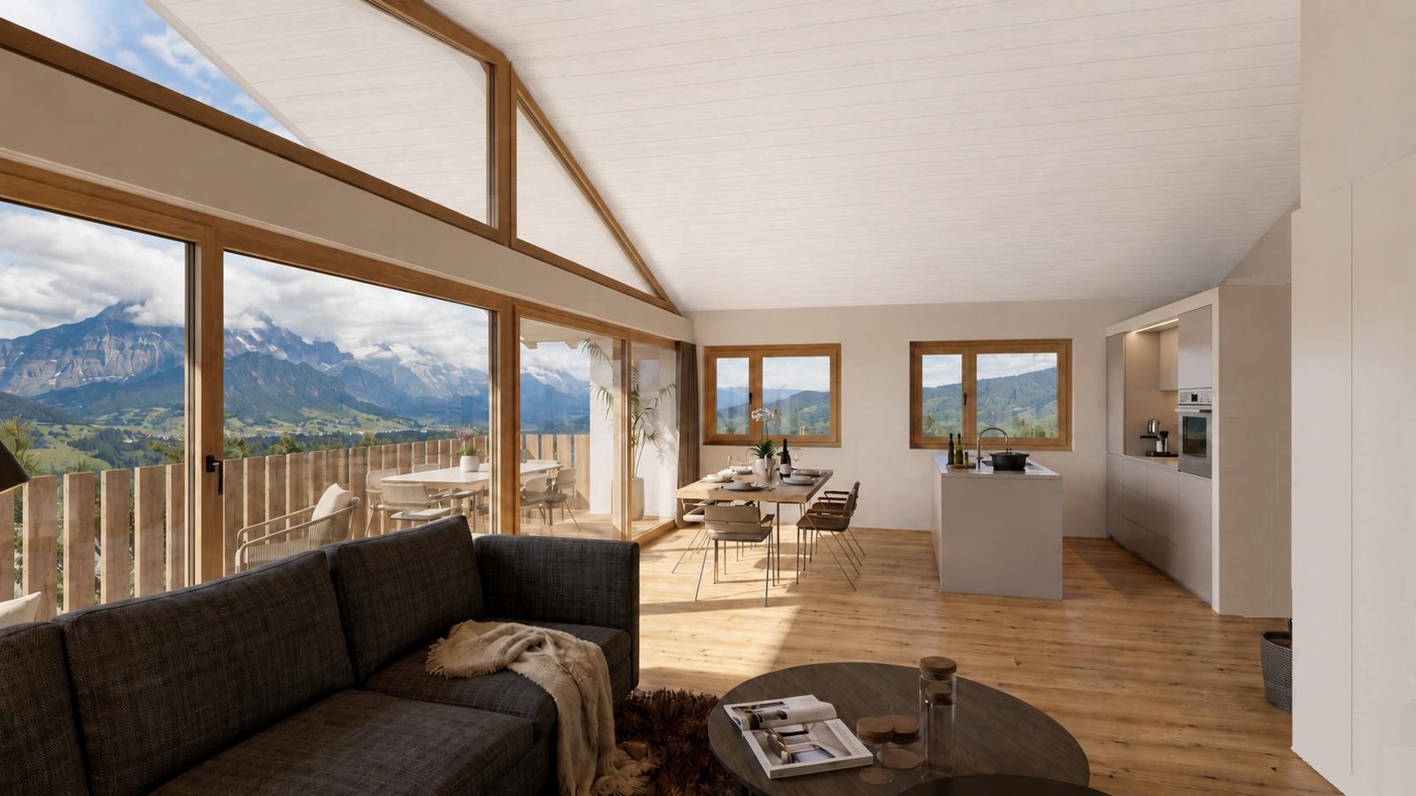 Séjour d'un appartement à l'étage avec baie vitrée triangulaire sur les montagnes